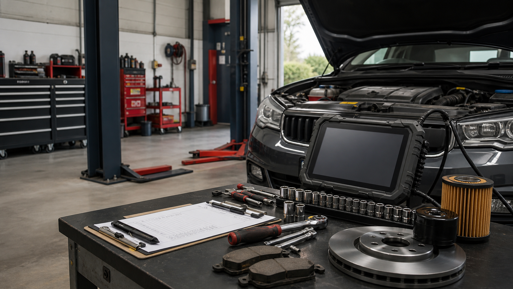 Generated preview of diagnostic tools, service parts, and a vehicle in a workshop.