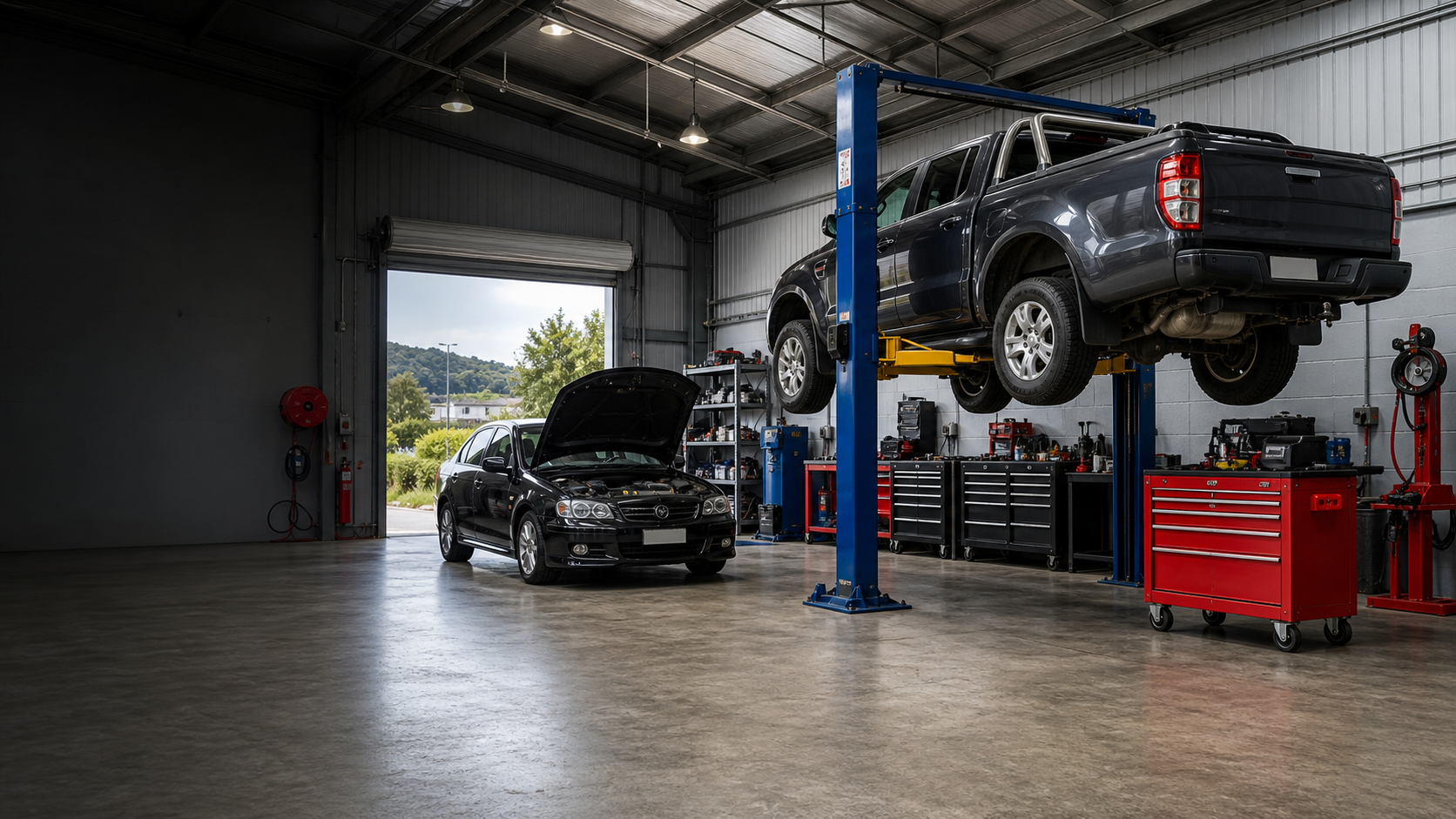 Generated preview of a clean independent automotive workshop with vehicles on a lift.